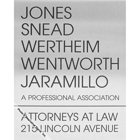 Front view: Jones Style 25078 Etched Aluminum Law Office Sign Plaque