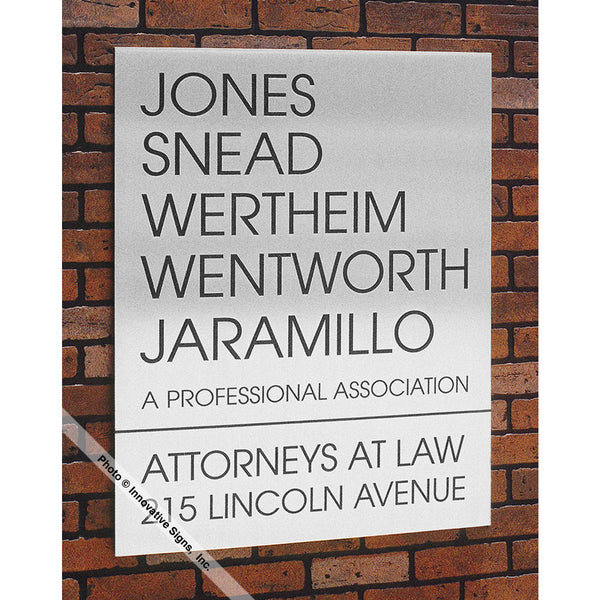 Left view: Jones Style 25078 Etched Aluminum Law Office Sign Plaque