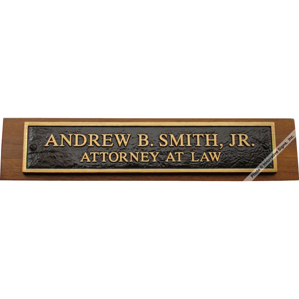 Front view: Smith Style 22585 Cast Bronze Desk Nameplate on Walnut Tri-Block
