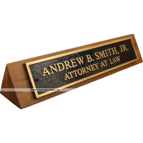 Left view: Smith Style 22585 Cast Bronze Desk Nameplate on Walnut Tri-Block